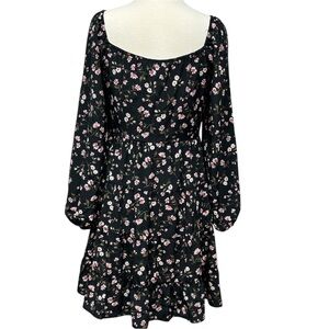 WAYF Sweetheart Peasant Dress Black Floral Tiered Blouson Sleeve Whimsygoth